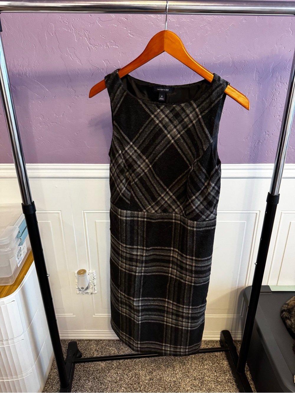 Lands' End Black and Gray Plaid Sleeveless Sheath Dress